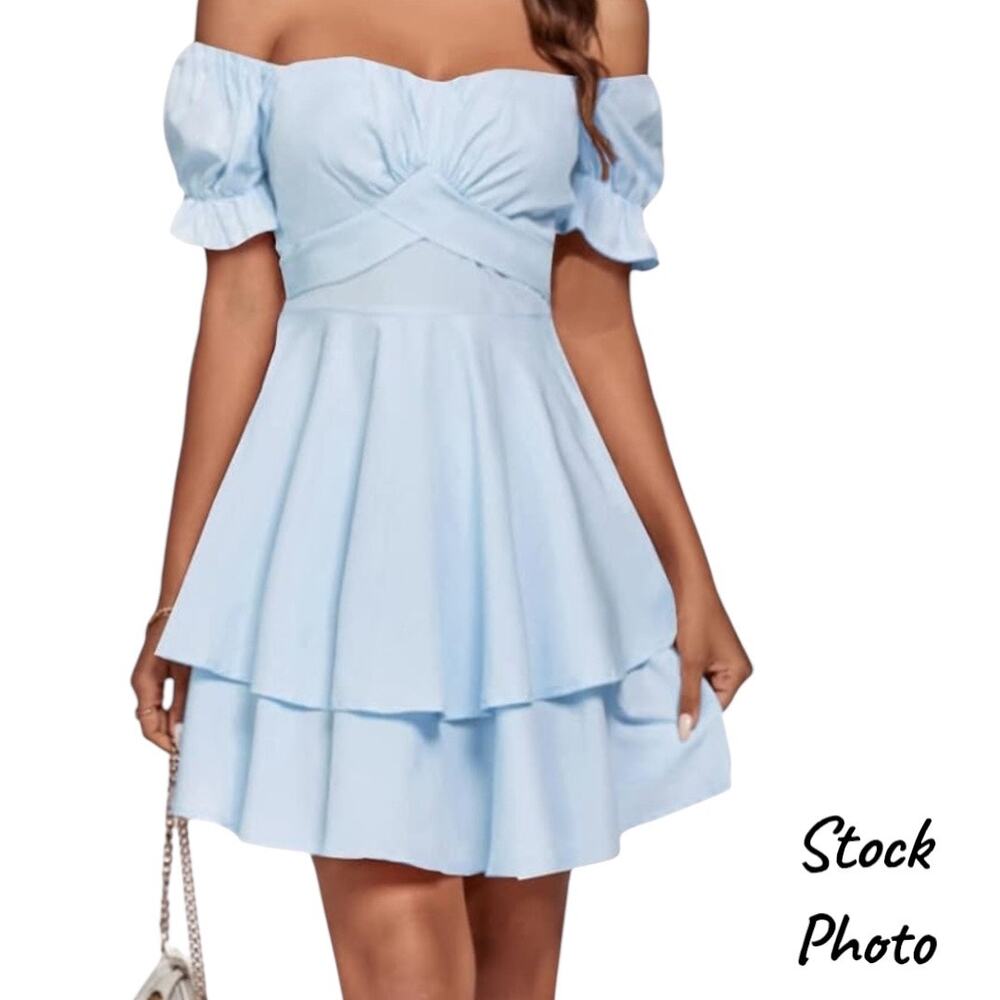 LYANER Blue Tie Ruffle Off Shoulder W/Puff Sleeves Romper Dress Size S